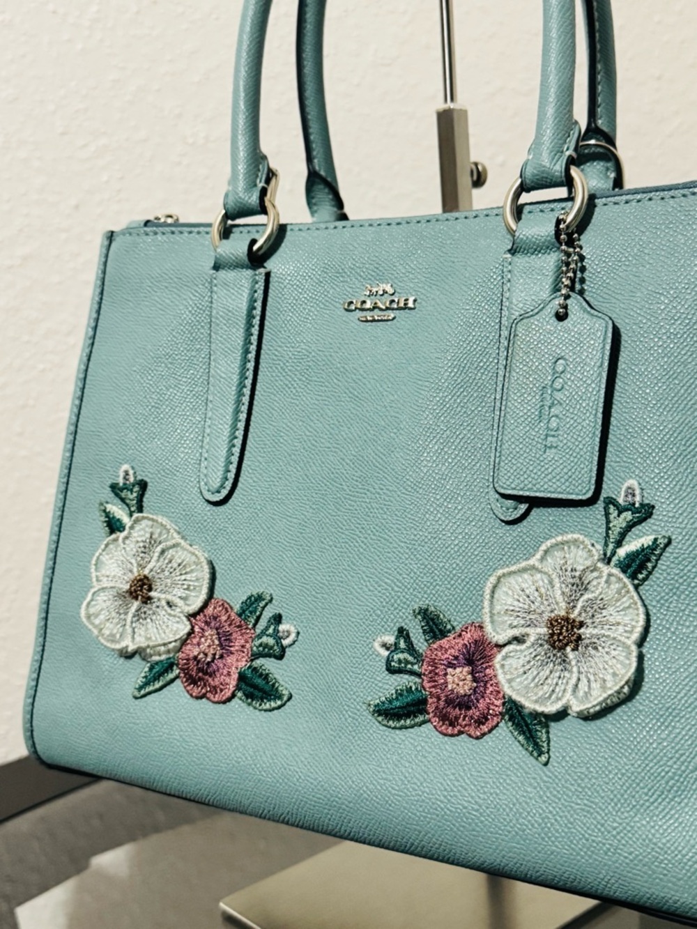 COACH Light Blue  Floral Applique Leather Satchel with Top Handles - Picture 9 of 16